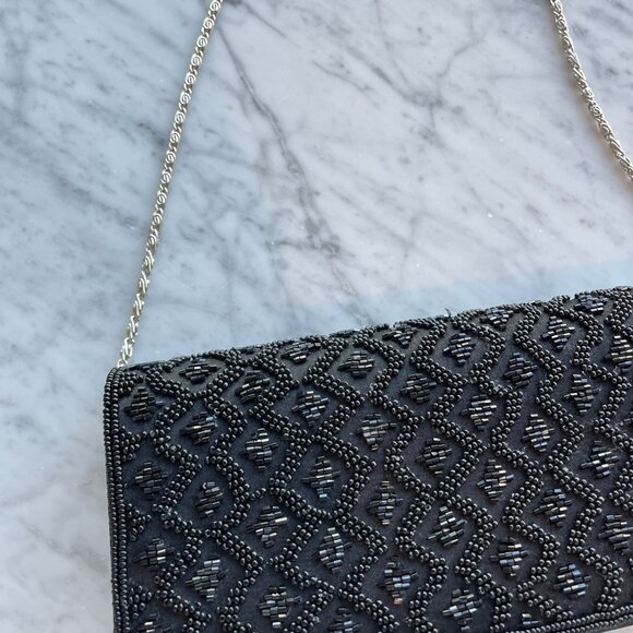 Black Beaded Geometric Evening Clutch with Elegant Chain Strap - Picture 5 of 6